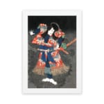 Japanese figure in bold red and blue kimono striking a dramatic pose against a dark vintage-style background. hung on the wall