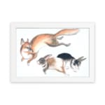 Infidu vintage wall art featuring a playful illustration of a jumping fox and two running rabbits in soft, natural colors against a clean white background. hung on the wall on a white background