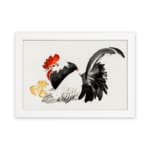 Infidu vintage wall art featuring a traditional-style rooster with two little chicks, set against a white background with bold black, white, red, and yellow tones. hung on the wall on a white background
