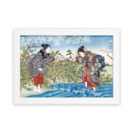 Infidu vintage wall art depicting a traditional Japanese scene with two women in detailed kimonos, a flowing blue river, and blooming trees in soft, earthy tones. hung on the wall on a white background