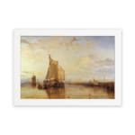 Infidu vintage wall art featuring a peaceful seascape with a large sailboat, warm sunset hues, and distant structures reflected in calm waters. hung on the wall on a white background