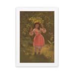 Infidu vintage wall art depicting a young girl in a pink dress holding a large green leaf over her head, set in a nostalgic outdoor scene with warm earthy tones. hung on the wall on a white background