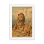 Vintage wall art of a majestic lion family in a natural setting with warm earthy tones, including a lion, lioness, and cubs in a savannah backdrop. hung on the wall