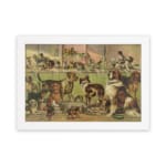 Vintage dog show art with various breeds in a classic exhibition setting, featuring warm earthy tones and nostalgic charm. hung on the wall