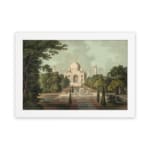 Infidu vintage wall art featuring the Taj Mahal with earthy tones of green, beige, and brown, framed by lush trees and a long pathway leading to the monument. hung on the wall on a white background