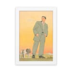 Vintage art of a man in a green suit standing with a bulldog against a warm orange and yellow background. hung on the wall