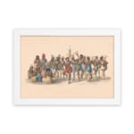 Vintage art of Indigenous people in traditional attire, gathered in a ceremonial scene with earthy colors and historical charm. hung on the wall on a white background