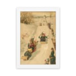 Vintage wall art of a nostalgic winter sledding scene with people in traditional winter clothing on a snowy slope, surrounded by trees. hung on the wall