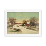 Vintage winter village wall art with snow-covered houses, a church, horse-drawn carriages, and a soft pastel sky for a nostalgic feel. hung on the wall