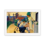 Vintage wall art of a loving early 20th-century family scene with warm colors, depicting a father, mother, and child in a nostalgic setting. hung on the wall