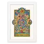 Vintage Celtic wall art with intricate medieval patterns in blue, green, gold, and red, featuring swirling shapes and mythical elements. hung on the wall