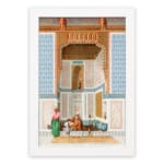 Vintage architectural wall art with historic figures, blue and gold tones, and a white frame for a classic and elegant look hung on the wall