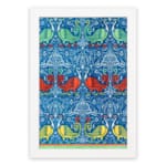 Vintage wall art with intricate decorative patterns in blue, red, green, and yellow, set against a blue background with a white frame. hung on the wall