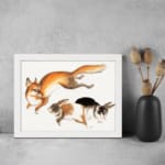 Vintage wall art of a fox and two rabbits in motion, hand-drawn in natural colors with a clean white background. displayed on the wall in a white frame