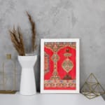 Vintage wall art with intricate red and gold patterns, floral and geometric designs, and a white frame for a timeless, decorative appeal. displayed on the wall