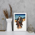 Vintage Japanese warrior in snowy landscape with rich colors, traditional robe details, and floral vintage art elements. displayed on the wall in a white frame