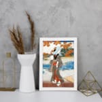Vintage Japanese wall art with a woman in a kimono near a river, detailed autumn leaves, and a serene landscape in classic Ukiyo-e style. displayed on the wall