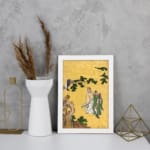 Vintage Asian wall art with two figures in traditional robes under a pine tree, set against a golden background with delicate brushwork. displayed on the wall