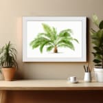Vintage wall art with a detailed green palm plant in a white frame, featuring bright green leaves and a white background for a fresh, elegant look. displayed on the wall