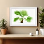 Vintage botanical wall art with a green palm plant, detailed leaves, and a brown base on a white background, framed in white for an elegant touch. displayed on the wall