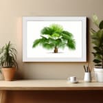 Vintage wall art with a green palm plant, detailed leaves, a white background, and a black frame for a classic and elegant look. hung on the wall