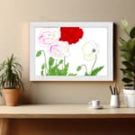 Infidu Vintage Floral Wall Art with red, white, and pink flowers in a white frame. displayed on the wall
