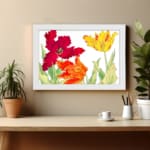 Vintage floral wall art with red, orange, and yellow tulips, green leaves, and a white frame on a white background. displayed on the wall