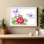 Vintage floral wall art featuring red, pink, and purple flowers with green leaves, framed in white for a classic finish. displayed on the wall