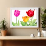 Infidu Vintage Floral Wall Art with pink, red, and yellow tulips, green leaves, and a white frame on a white background. displayed on the wall