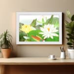 Vintage floral wall art with water lilies and green leaves, framed in white for a classic and elegant touch. displayed on the wall