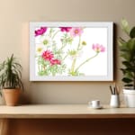 Infidu Vintage Floral Wall Art with pink, white & red flowers, green leaves, and a white frame on a white background. displayed on the wall