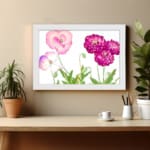 Vintage floral wall art featuring pink and purple flowers with green leaves, set against a white background with a white frame. displayed on the wall