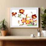 Vintage floral wall art with red, yellow, and orange flowers, green leaves, and a white frame on a white background. displayed on the wall