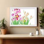 Vintage floral wall art with pink, yellow, and cream flowers and green leaves, framed in white. displayed on the wall
