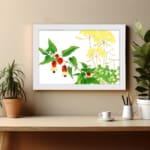 Vintage floral wall art featuring red and yellow flowers with green leaves on a white background, framed in white for a classic and elegant look. displayed on the wall