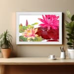 Vintage floral wall art featuring pink, red, and yellow lotus flowers with green leaves on a white background, framed in white. display on the wall