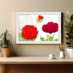 Infidu Vintage Floral Wall Art with red flowers, green leaves, and a white frame on a white background. displayed on the wall