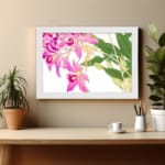 Vintage floral wall art with pink orchids, yellow centers, green leaves, and a white frame on a white background. displayed on the wall
