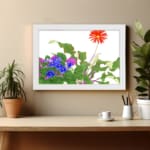 Vintage floral wall art featuring red, blue, and purple flowers with green leaves on a white background, framed in white for a classic look. displayed on the wall