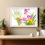 Infidu Vintage Floral Wall Art with pink, yellow & white flowers, green leaves, and a white frame on a white background. displayed on the wall