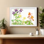 Infidu Vintage Floral Wall Art with purple, yellow, and orange flowers, green leaves, and a white frame on a white background. displayed on the wall