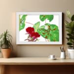 Infidu Vintage Floral Wall Art with red flowers and green leaves, framed in white for a classic look. displayed on the wall