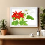 Vintage floral wall art with red and white flowers, green leaves, and a white frame on a white background. displayed on the wall