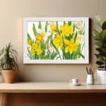 Infidu Vintage Floral Wall Art with bright orange flowers, dark green leaves, and a white frame on a white background. displayed on the wall