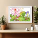 Vintage floral wall art with a pink water lily, purple flowers, and green leaves on a white background, framed in white for a classic look. displayed on the wall