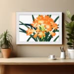 Infidu Vintage Floral Wall Art with bright orange flowers, yellow centers, dark green leaves, and a white frame on a white background displayed on the wall