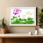 Infidu Vintage Floral Wall Art with pink, purple, and white flowers surrounded by green leaves on a white background, framed in white. displayed on the wall