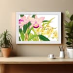 Vintage floral wall art with pink and yellow flowers, green leaves, and a white frame on a white background. displayed on the wall