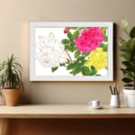 Vintage floral wall art with pink, yellow, and white roses, green leaves, and a white frame on a white background. displayed on the wall