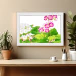 Vintage floral wall art featuring pink and white flowers with green leaves on a white background, framed in white for a stylish and elegant look. displayed on the wall